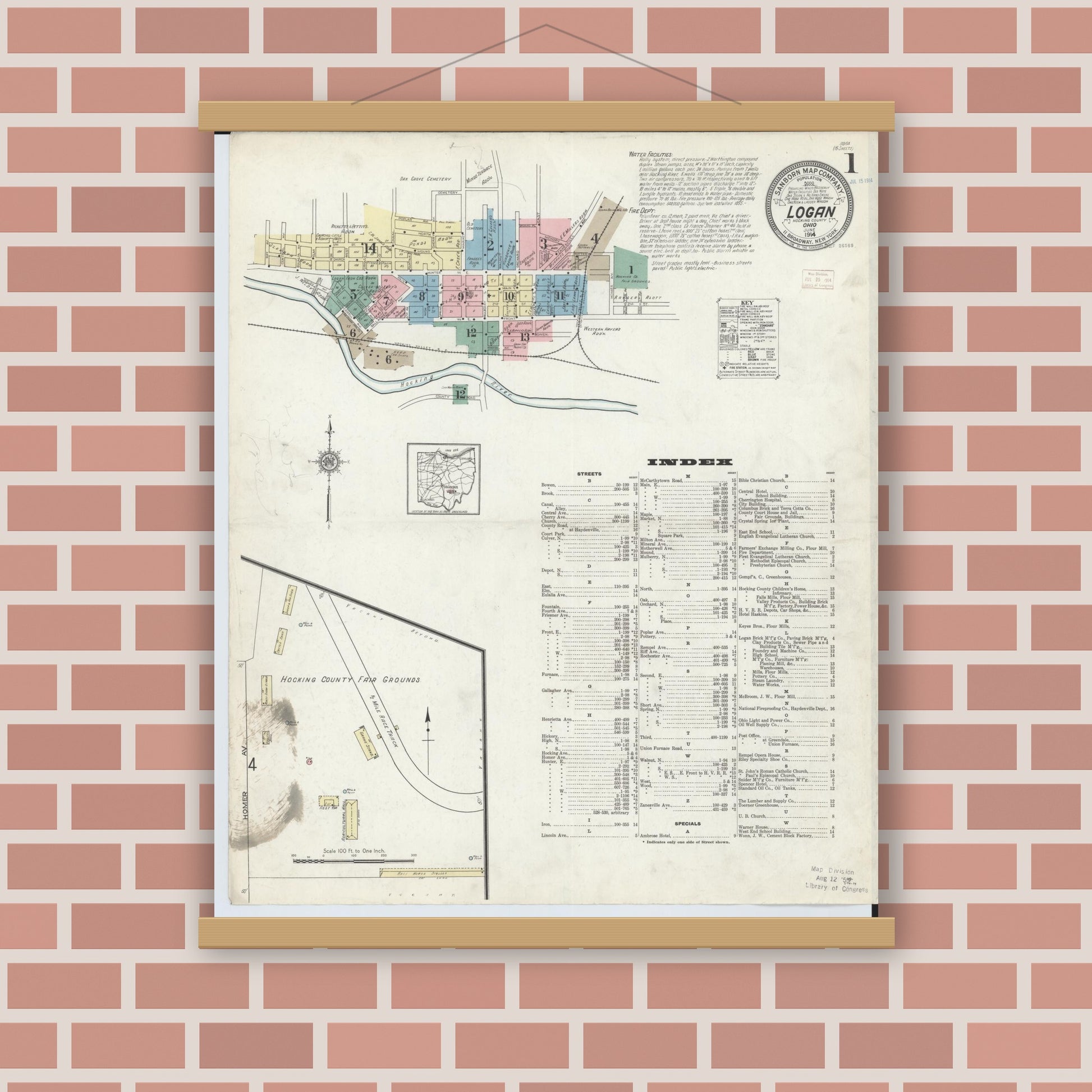 Old map wall art mockup — magnetic wood frame on brick wall — Sanborn Fire Insurance Map from Logan, Hocking County, Ohio (1914) - Complete Map Set