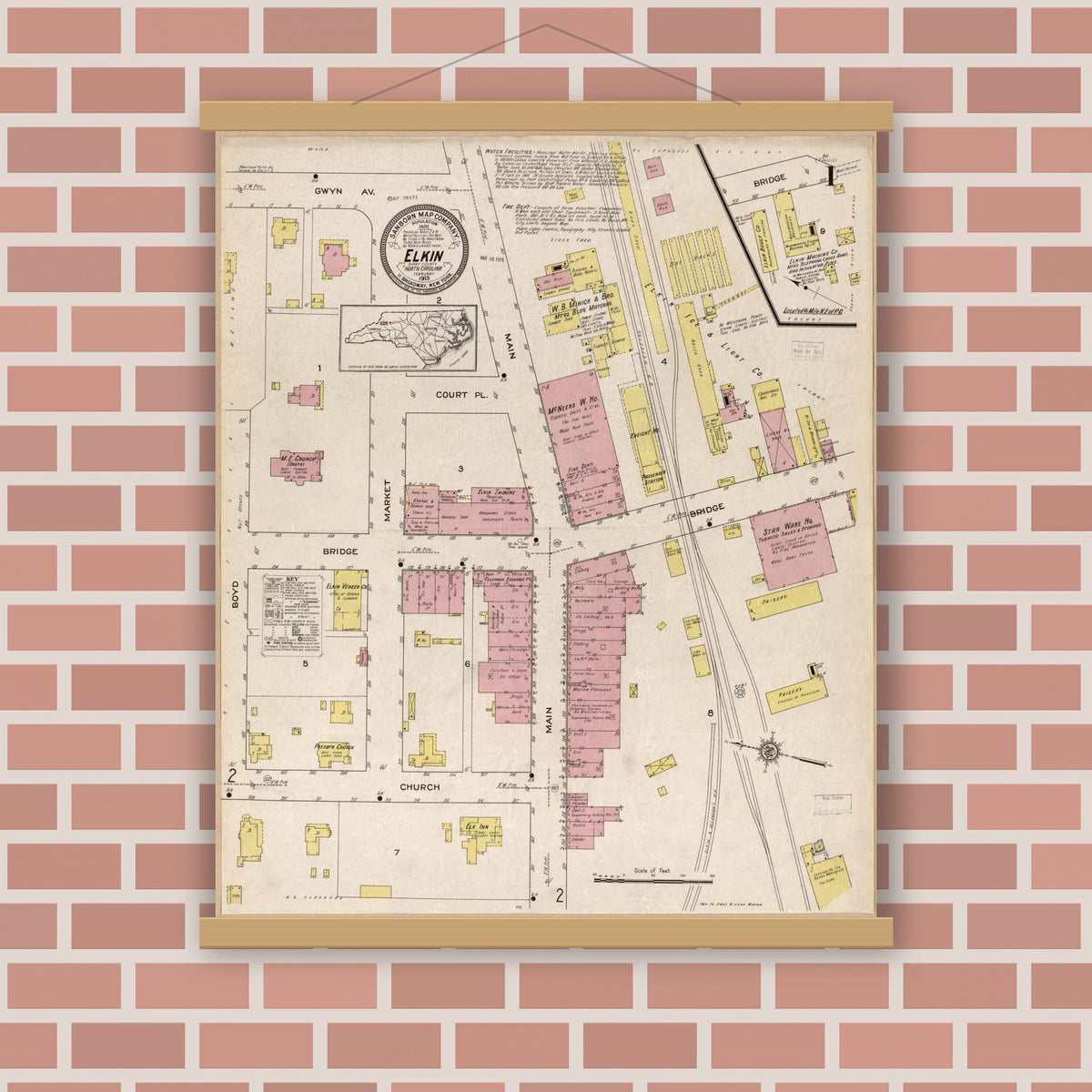Old map wall art mockup — magnetic wood frame on brick wall — Sanborn Fire Insurance Map from Elkin, Surrey County, North Carolina (1915), Sheet #0001