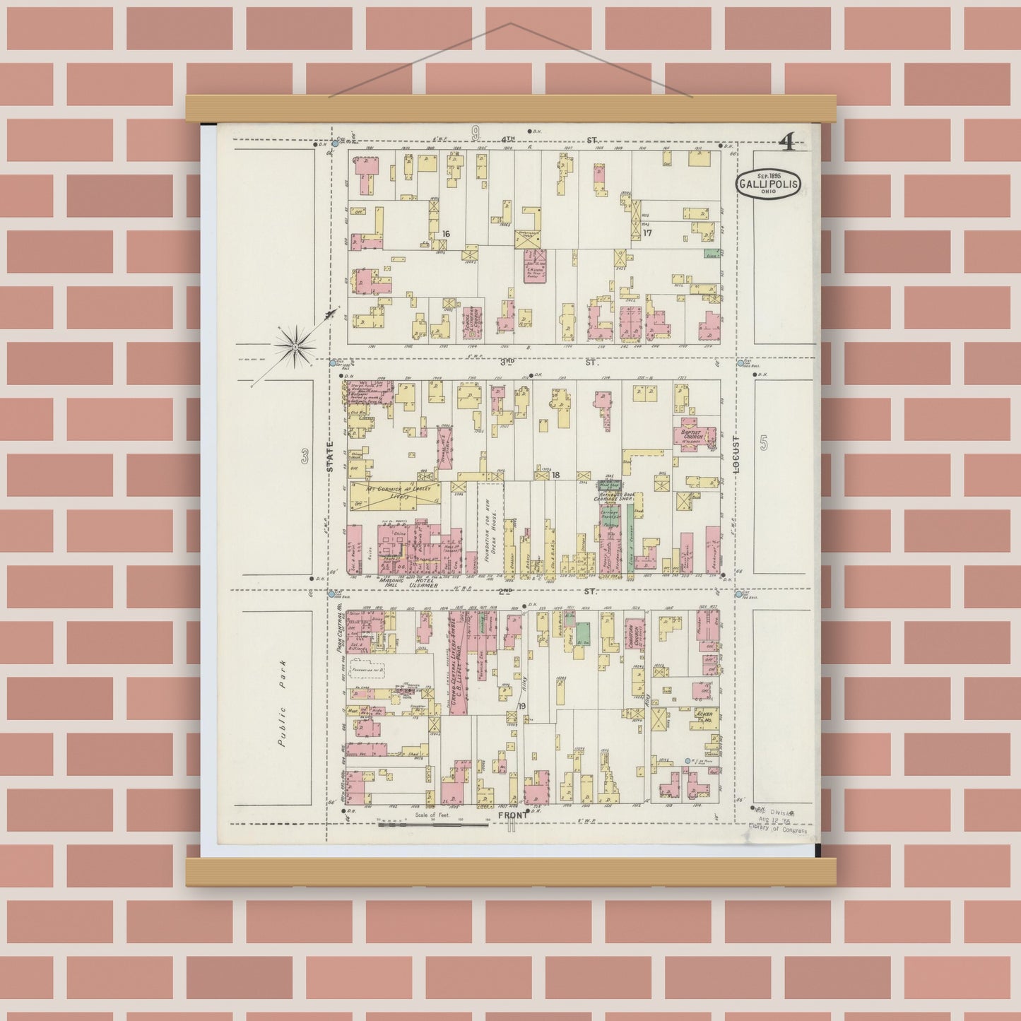 Old map wall art mockup — magnetic wood frame on brick wall — Sanborn Fire Insurance Map from Gallipolis, Gallia County, Ohio (1895), Sheet #0004