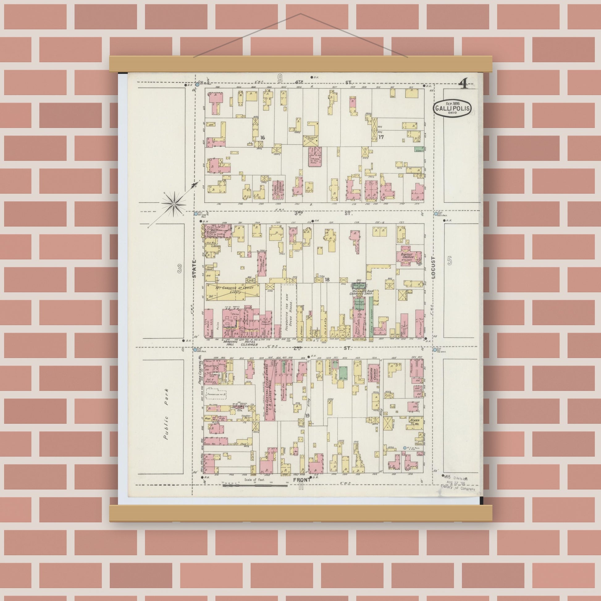 Old map wall art mockup — magnetic wood frame on brick wall — Sanborn Fire Insurance Map from Gallipolis, Gallia County, Ohio (1895), Sheet #0004