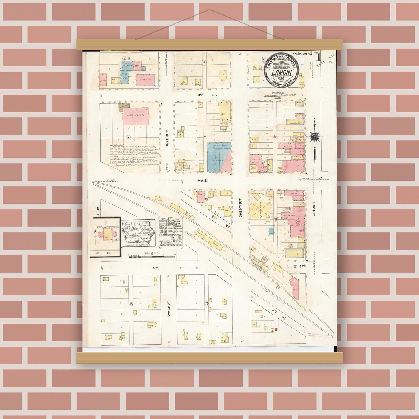 Old map wall art mockup — magnetic wood frame on brick wall — Sanborn Fire Insurance Map from Lamoni, Decatur County, Iowa (1932), Sheet #0001