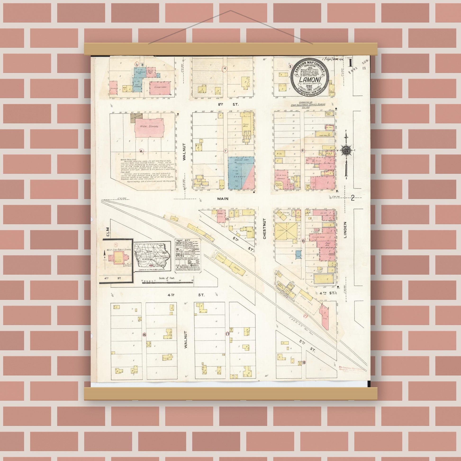 Old map wall art mockup — magnetic wood frame on brick wall — Sanborn Fire Insurance Map from Lamoni, Decatur County, Iowa (1932), Sheet #0001
