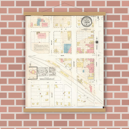 Old map wall art mockup — magnetic wood frame on brick wall — Sanborn Fire Insurance Map from Lamoni, Decatur County, Iowa (1932), Sheet #0001