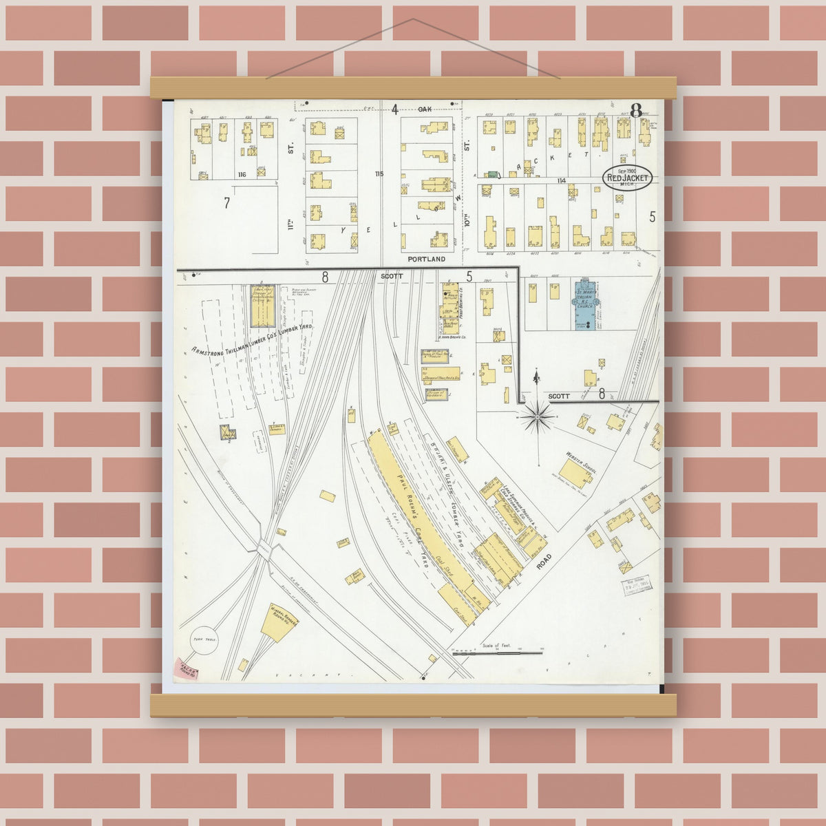 Old map wall art mockup — magnetic wood frame on brick wall — Sanborn Fire Insurance Map from Red Jacket, Houghton County, Michigan (1900), Sheet #0008