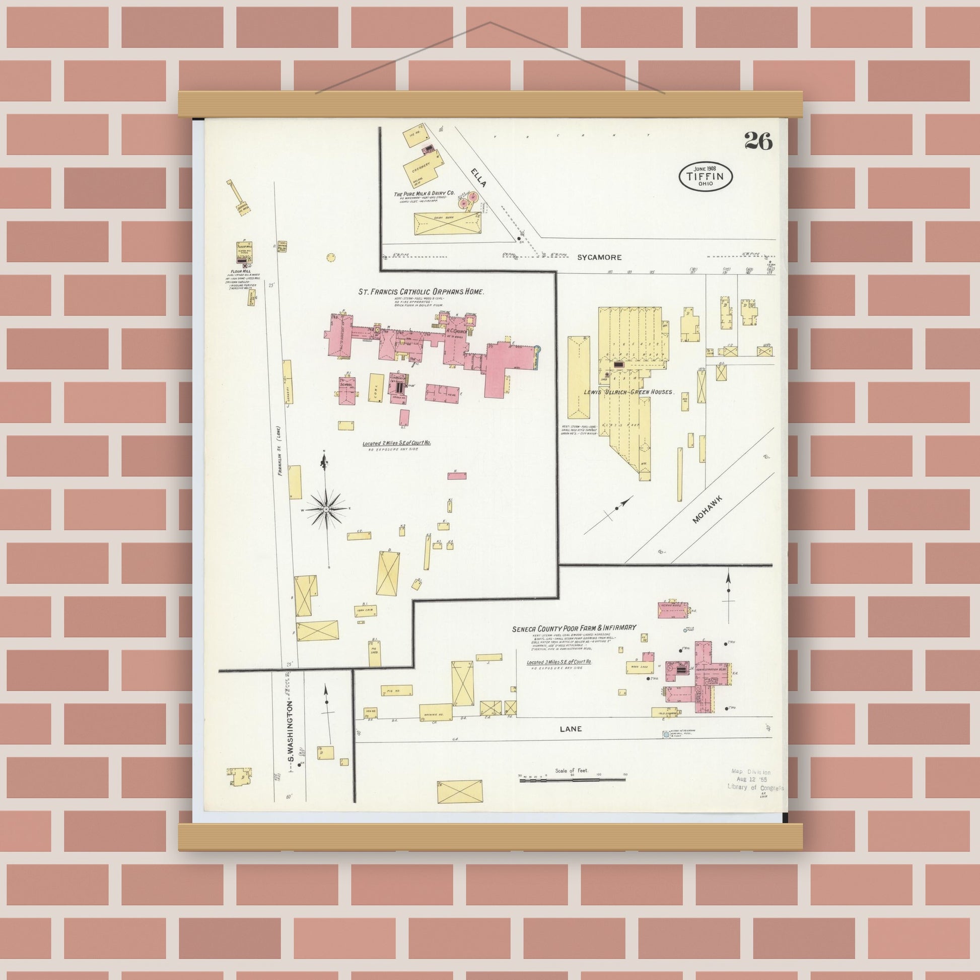 Old map wall art mockup — magnetic wood frame on brick wall — Sanborn Fire Insurance Map from Tiffin, Seneca County, Ohio (1908), Sheet #0026