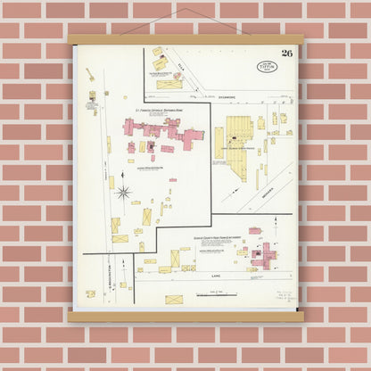 Old map wall art mockup — magnetic wood frame on brick wall — Sanborn Fire Insurance Map from Tiffin, Seneca County, Ohio (1908), Sheet #0026