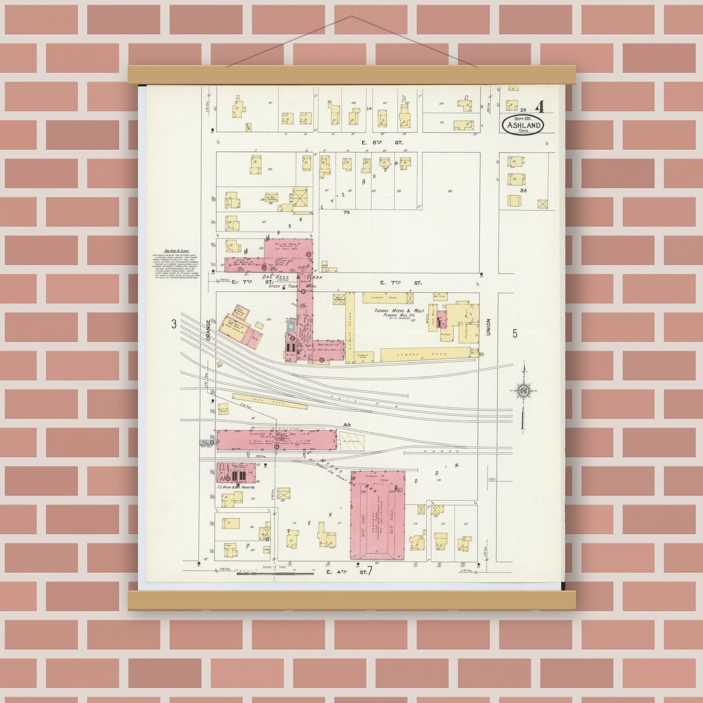 Old map wall art mockup — magnetic wood frame on brick wall — Sanborn Fire Insurance Map from Ashland, Ashland County, Ohio (1911), Sheet #0004