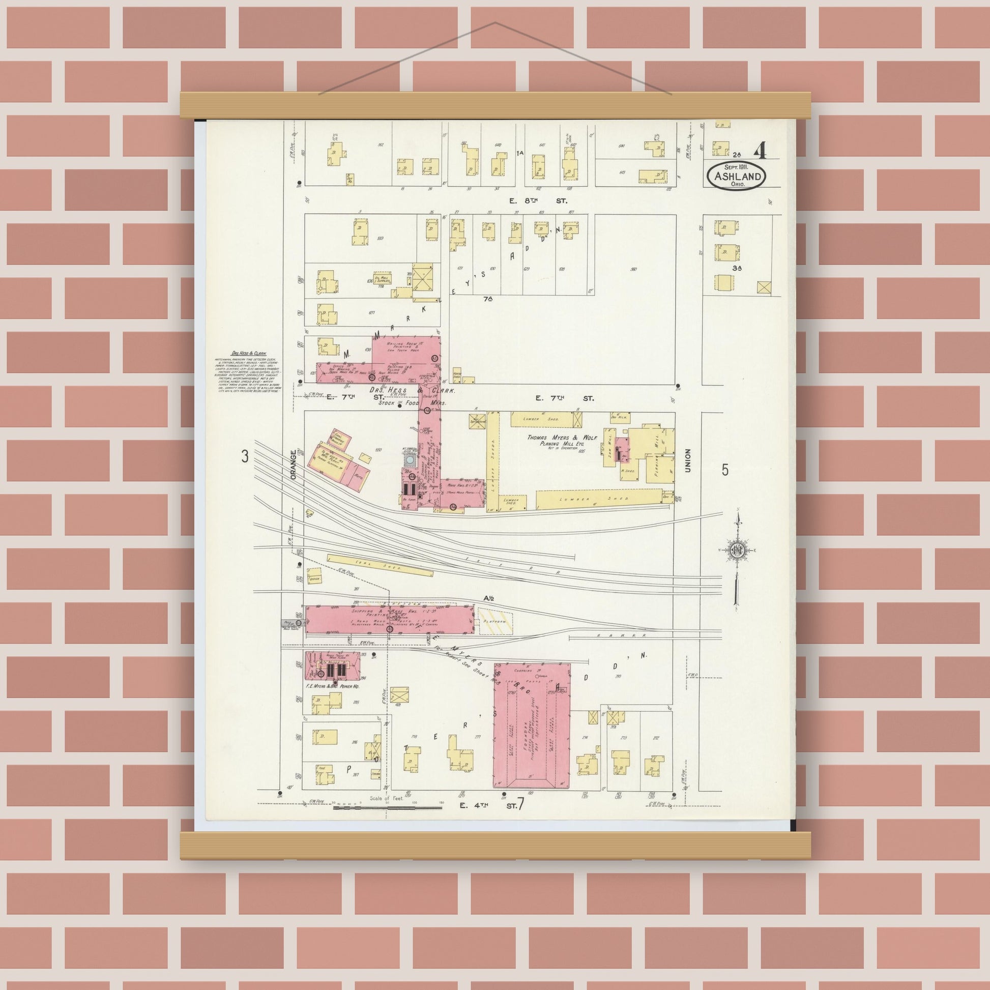 Old map wall art mockup — magnetic wood frame on brick wall — Sanborn Fire Insurance Map from Ashland, Ashland County, Ohio (1911), Sheet #0004