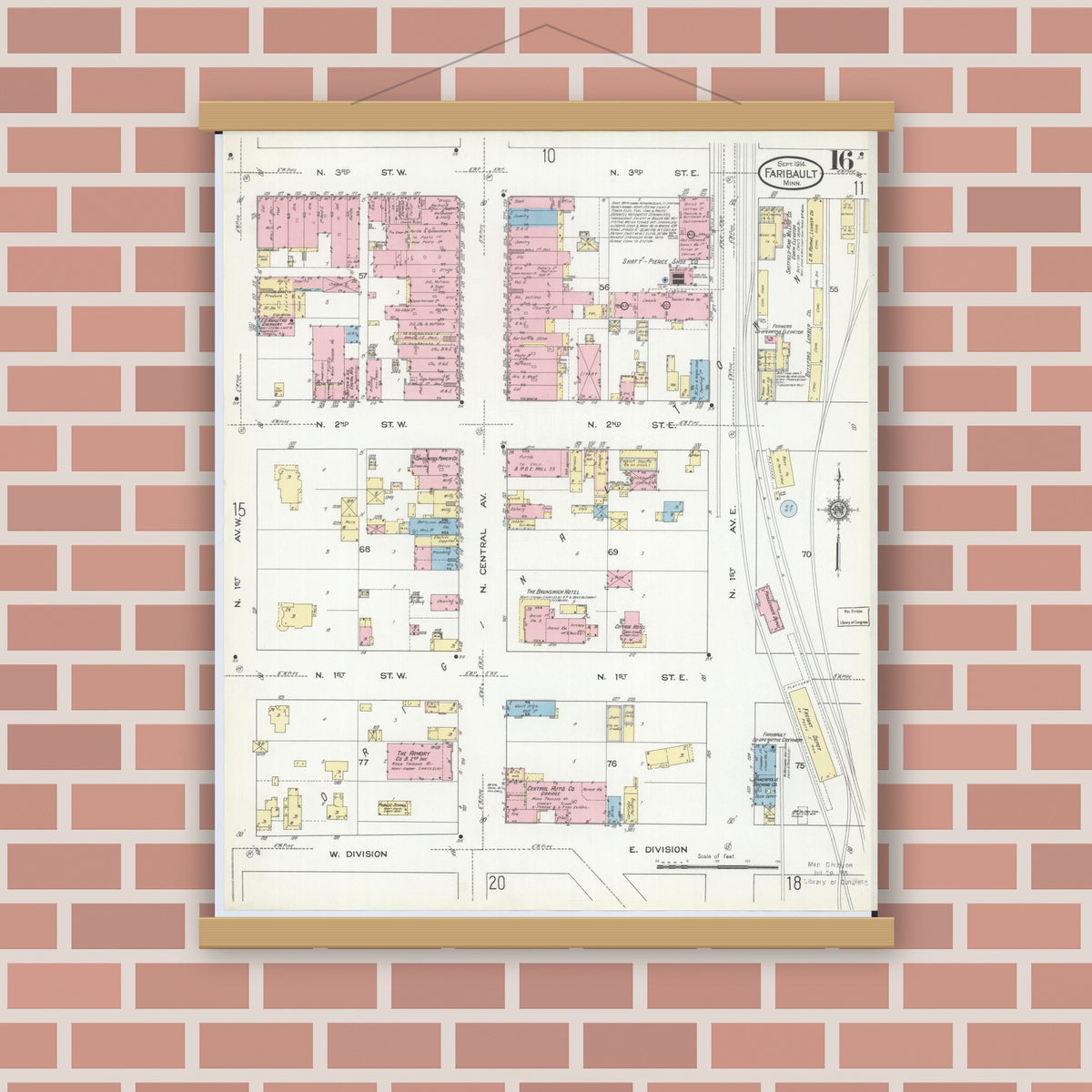 Old map wall art mockup — magnetic wood frame on brick wall — Sanborn Fire Insurance Map from Faribault, Rice County, Minnesota (1914), Sheet #0016
