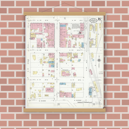 Old map wall art mockup — magnetic wood frame on brick wall — Sanborn Fire Insurance Map from Faribault, Rice County, Minnesota (1914), Sheet #0016