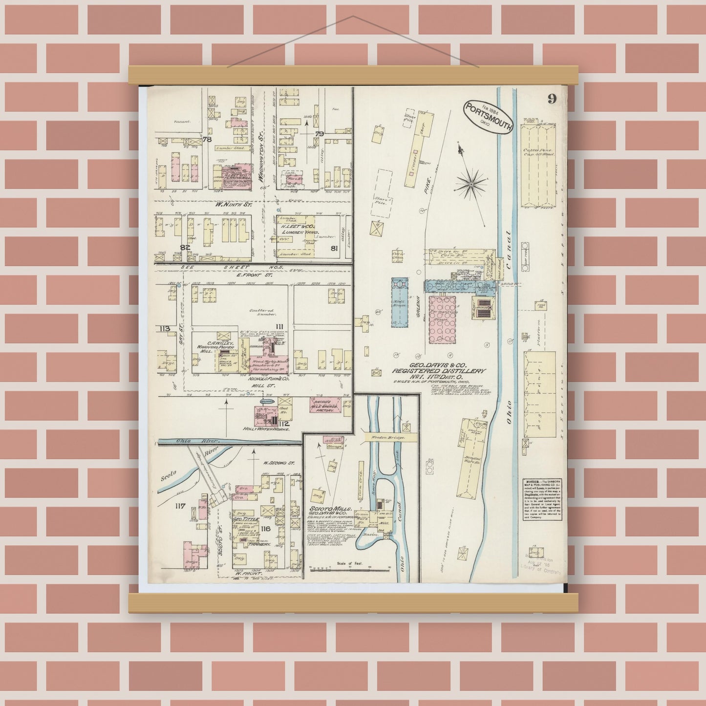 Old map wall art mockup — magnetic wood frame on brick wall — Sanborn Fire Insurance Map from Portsmouth, Scioto County, Ohio (1884), Sheet #0009