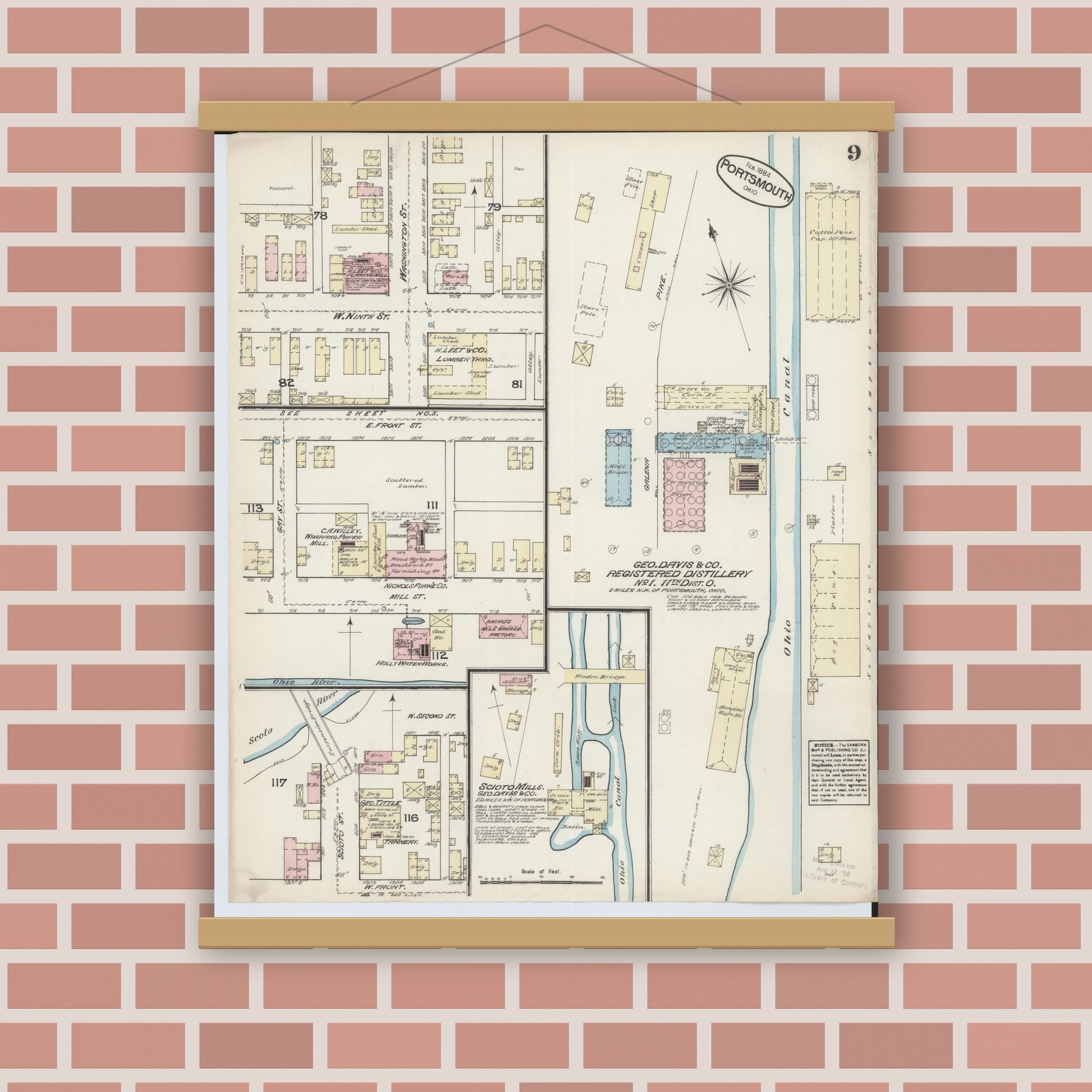 Old map wall art mockup — magnetic wood frame on brick wall — Sanborn Fire Insurance Map from Portsmouth, Scioto County, Ohio (1884), Sheet #0009