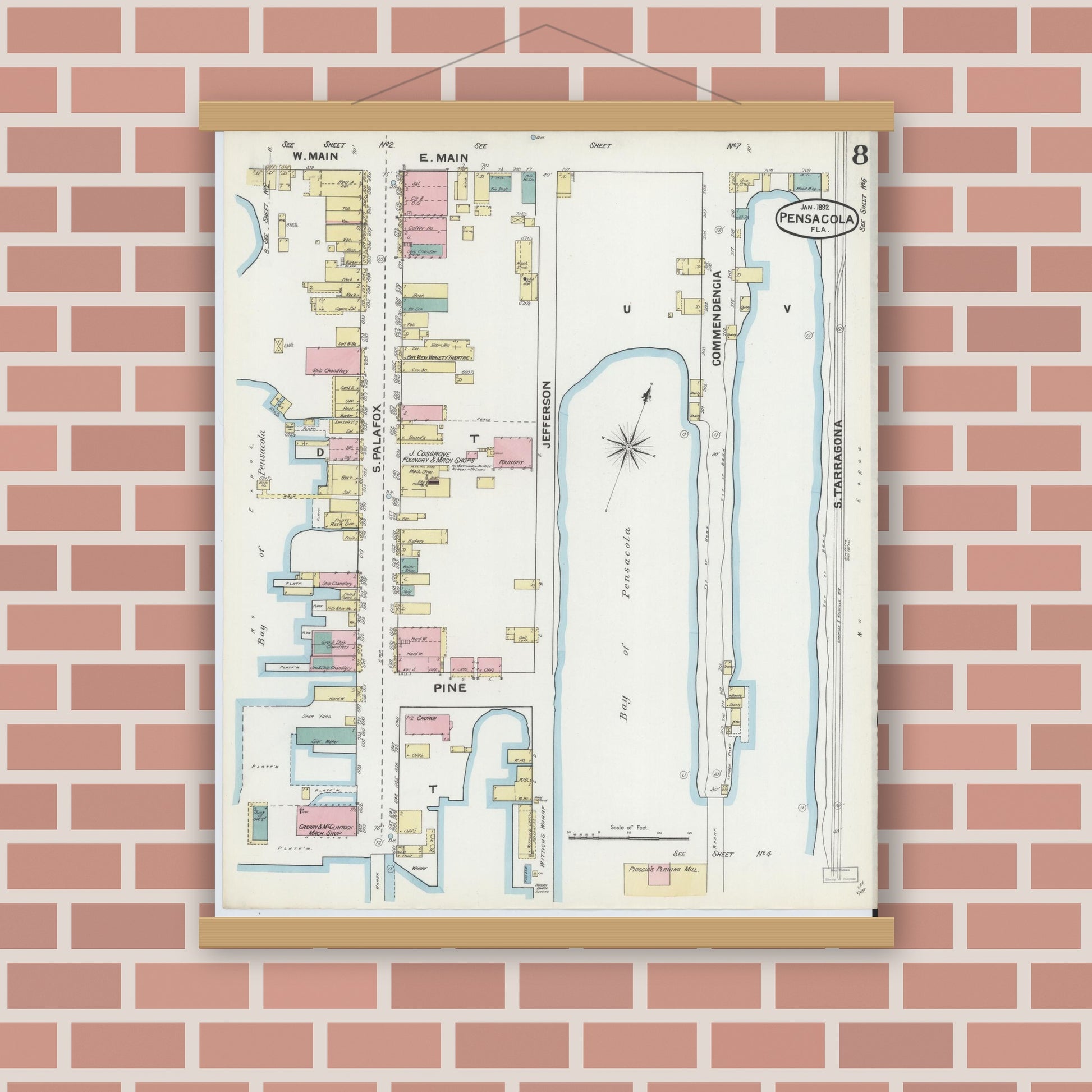 Old map wall art mockup — magnetic wood frame on brick wall — Sanborn Fire Insurance Map from Pensacola, Escambia County, Florida (1892), Sheet #0008