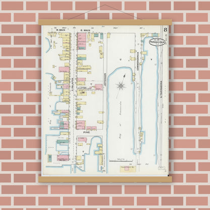 Old map wall art mockup — magnetic wood frame on brick wall — Sanborn Fire Insurance Map from Pensacola, Escambia County, Florida (1892), Sheet #0008