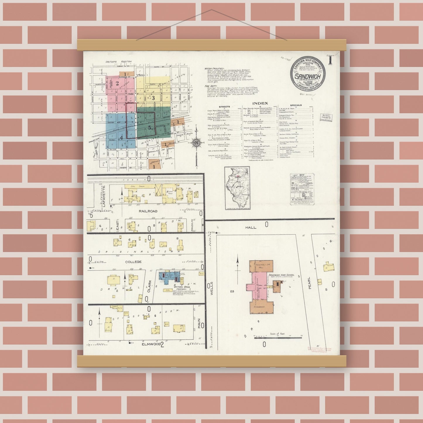 Old map wall art mockup — magnetic wood frame on brick wall — Sanborn Fire Insurance Map from Sandwich, De Kalb County, Illinois (1921) - Complete Map Set