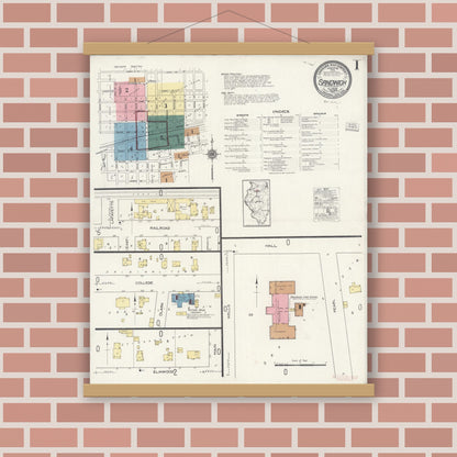Old map wall art mockup — magnetic wood frame on brick wall — Sanborn Fire Insurance Map from Sandwich, De Kalb County, Illinois (1921) - Complete Map Set