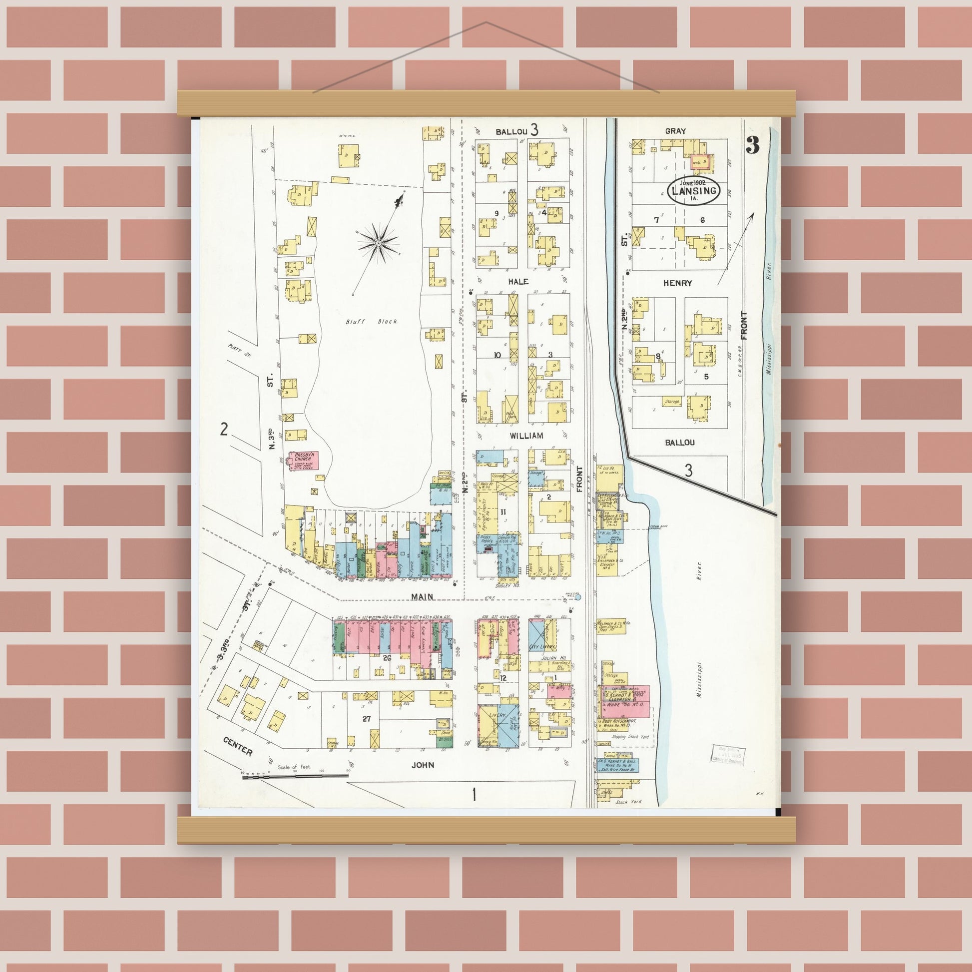 Old map wall art mockup — magnetic wood frame on brick wall — Sanborn Fire Insurance Map from Lansing, Allamakee County, Iowa (1902), Sheet #0003