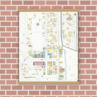 Old map wall art mockup — magnetic wood frame on brick wall — Sanborn Fire Insurance Map from Lansing, Allamakee County, Iowa (1902), Sheet #0003