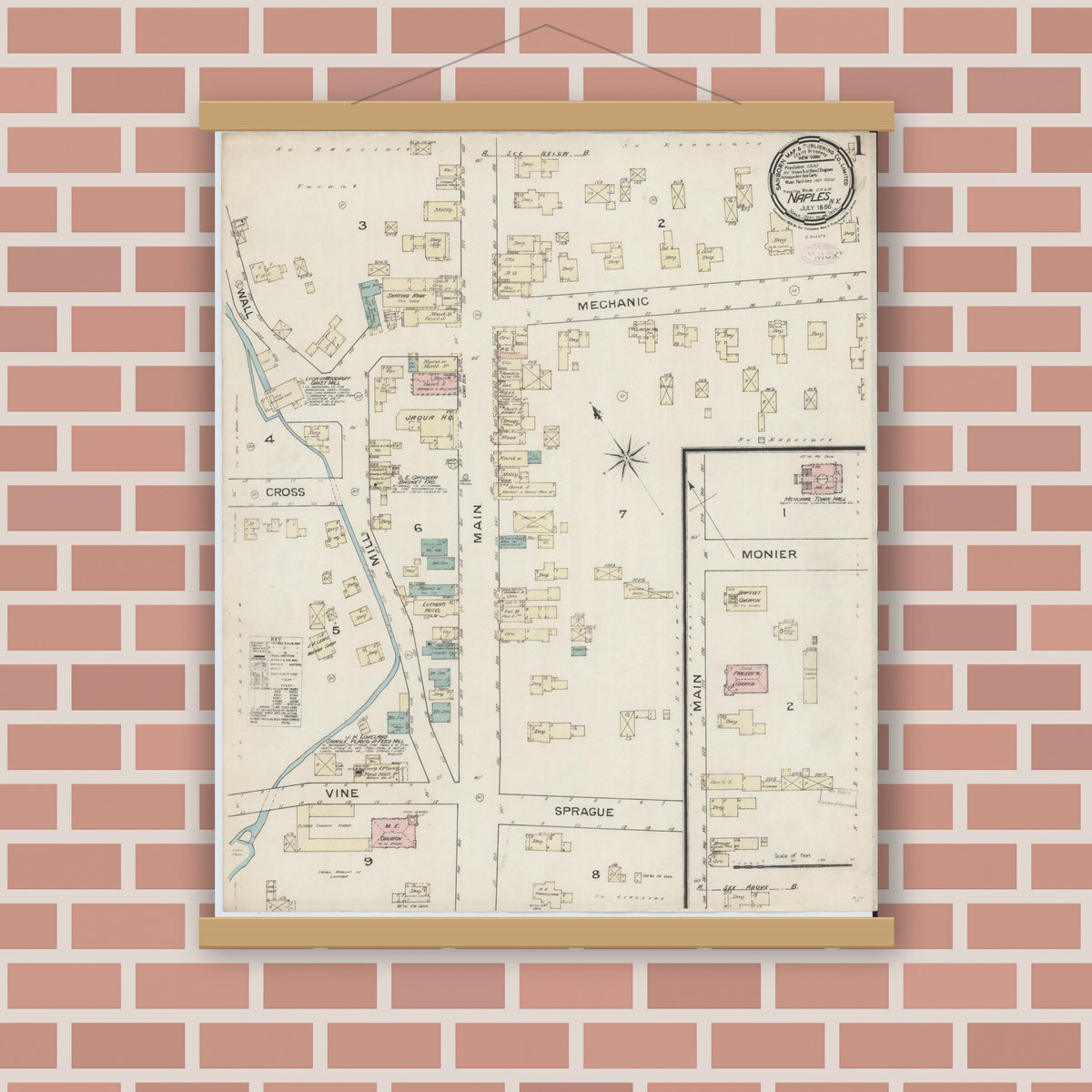 Old map wall art mockup — magnetic wood frame on brick wall — Sanborn Fire Insurance Map from Naples, Ontario County, New York (1886) - Complete Map Set