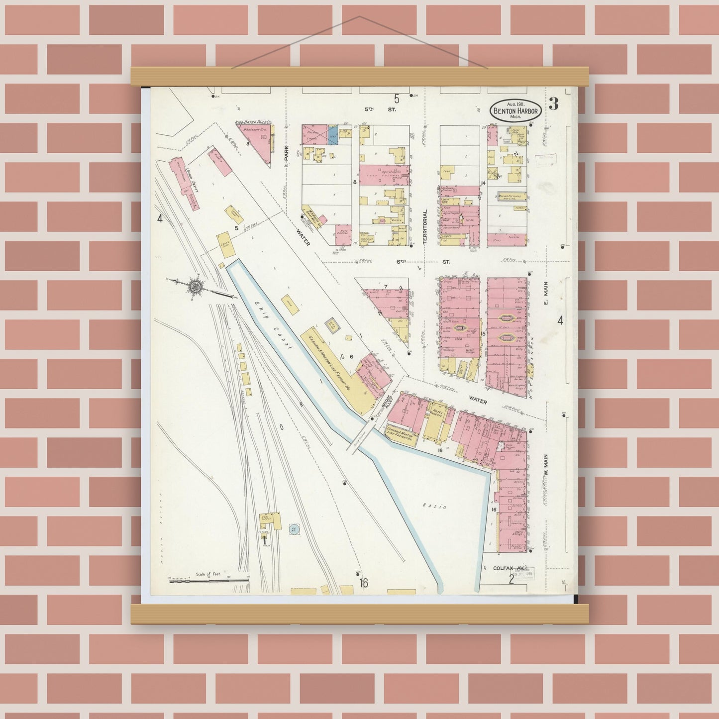 Old map wall art mockup — magnetic wood frame on brick wall — Sanborn Fire Insurance Map from Benton Harbor, Berrien County, Michigan (1911), Sheet #0003