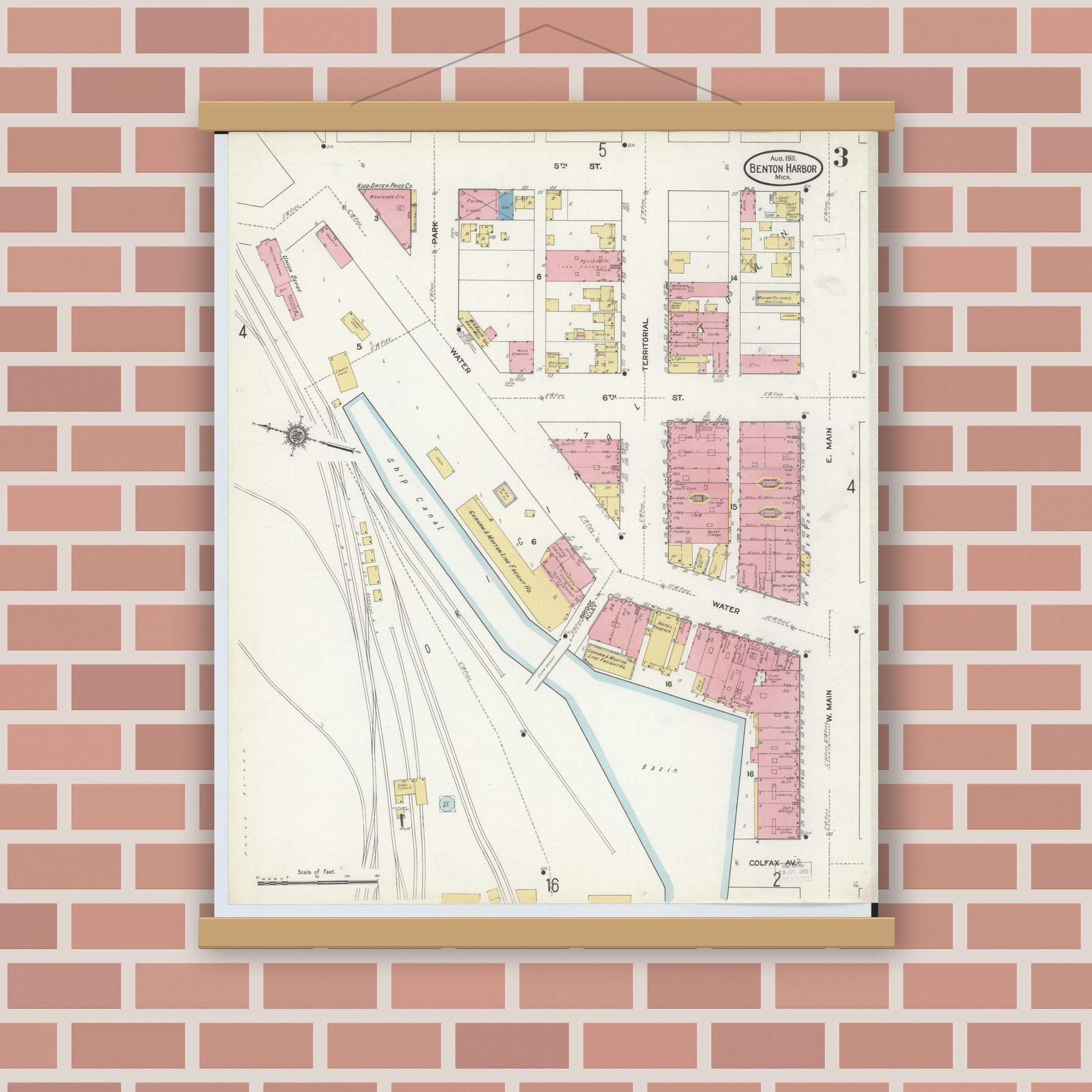 Old map wall art mockup — magnetic wood frame on brick wall — Sanborn Fire Insurance Map from Benton Harbor, Berrien County, Michigan (1911), Sheet #0003