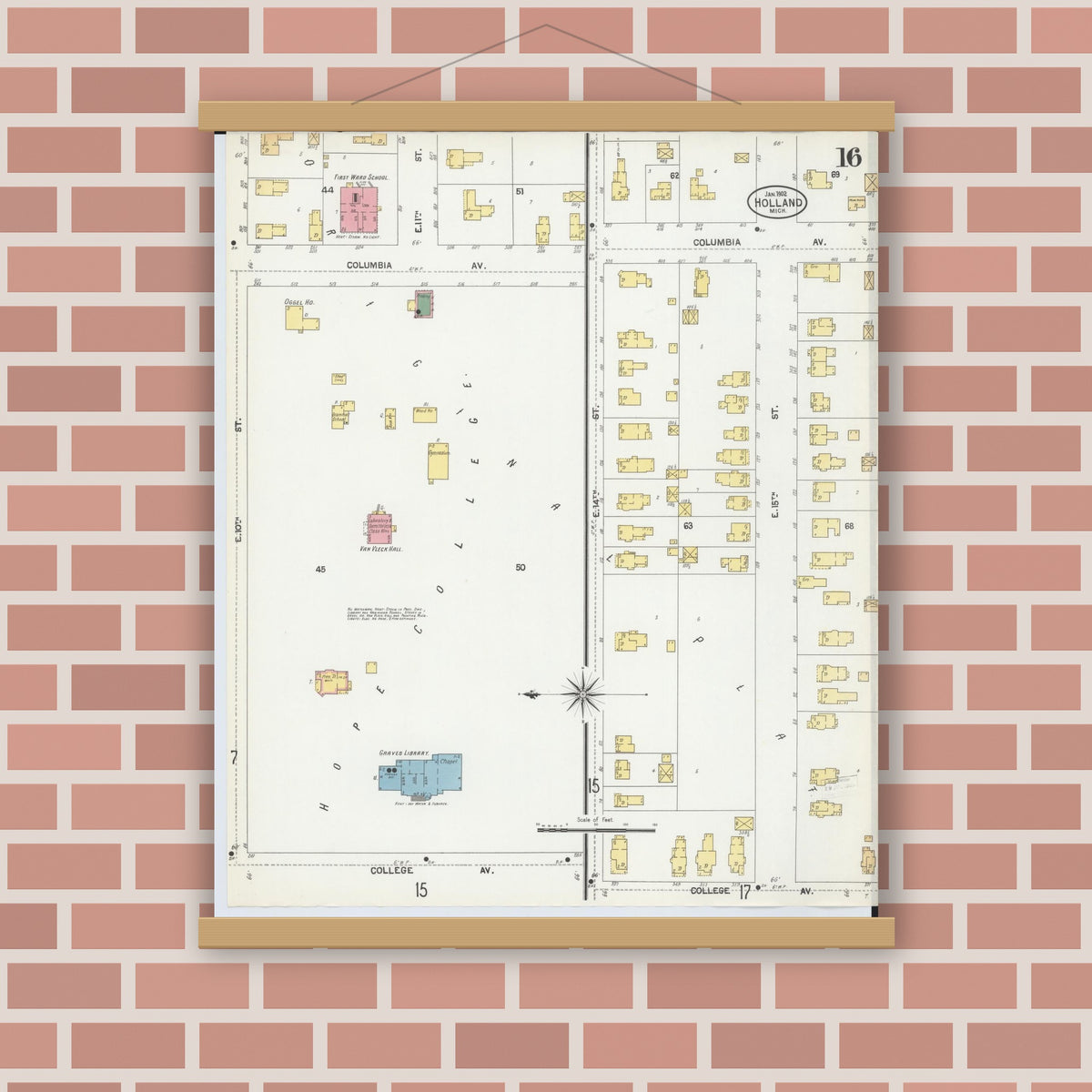 Old map wall art mockup — magnetic wood frame on brick wall — Sanborn Fire Insurance Map from Holland, Ottawa County, Michigan (1902), Sheet #0016
