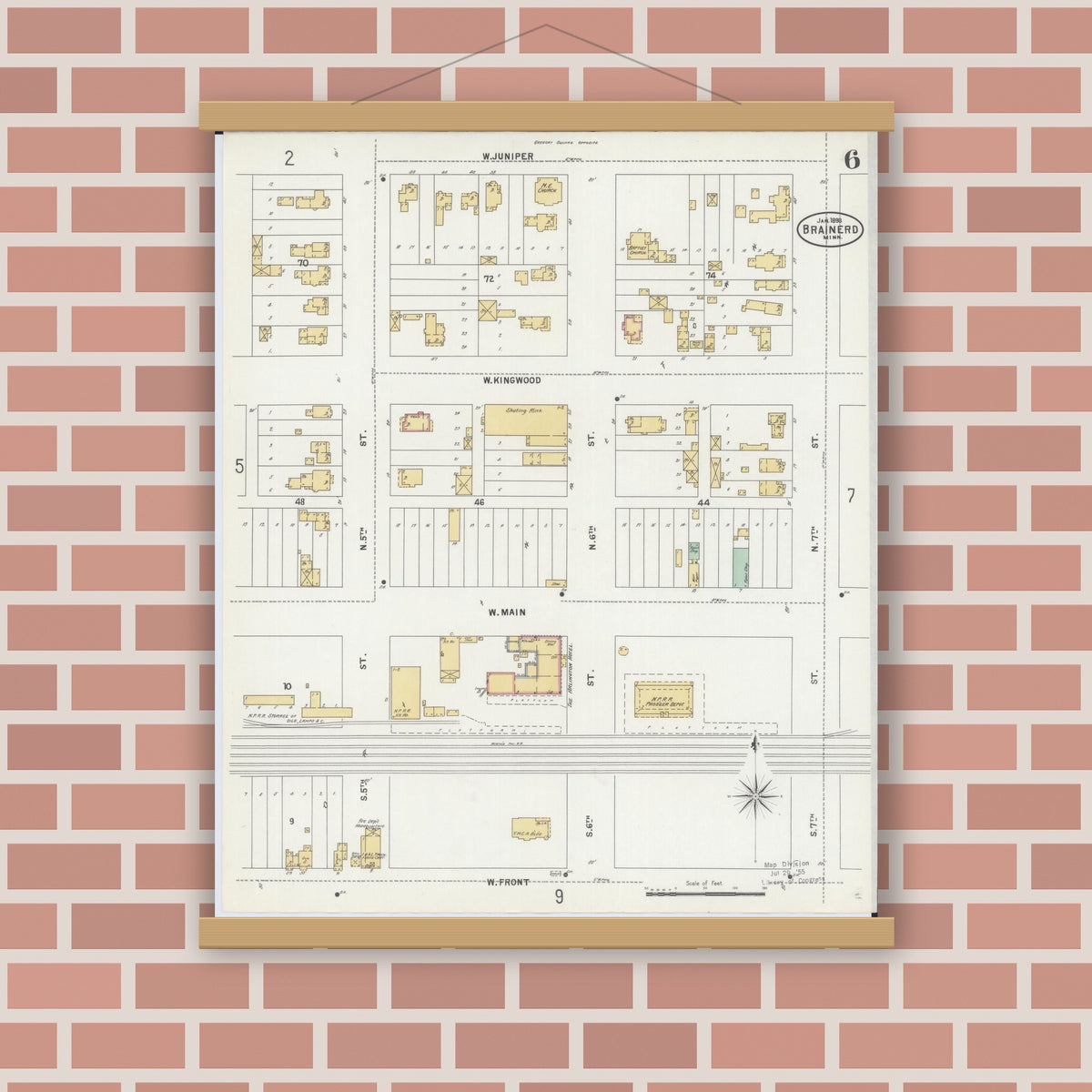 Old map wall art mockup — magnetic wood frame on brick wall — Sanborn Fire Insurance Map from Brainerd, Crow Wing County, Minnesota (1898), Sheet #0006