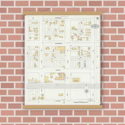 Old map wall art mockup — magnetic wood frame on brick wall — Sanborn Fire Insurance Map from Brainerd, Crow Wing County, Minnesota (1898), Sheet #0006