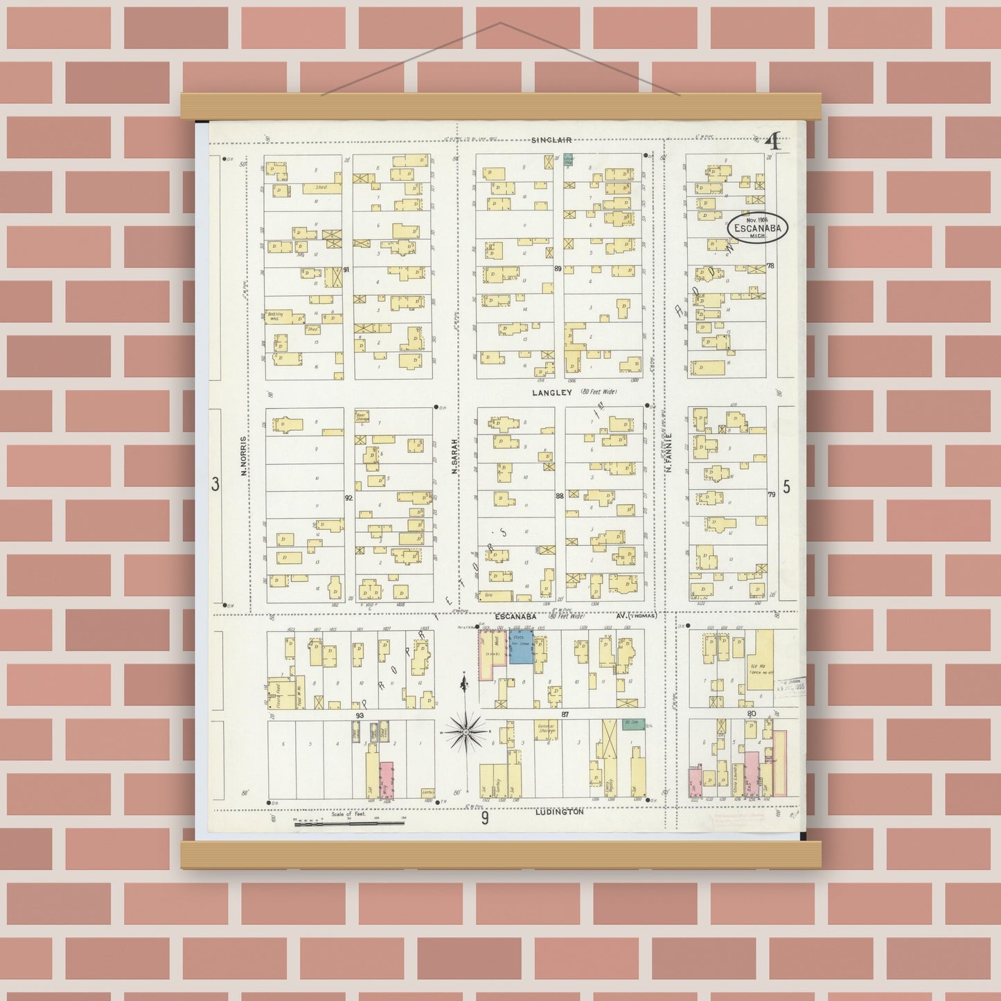 Old map wall art mockup — magnetic wood frame on brick wall — Sanborn Fire Insurance Map from Escanaba, Delta County, Michigan (1906), Sheet #0004