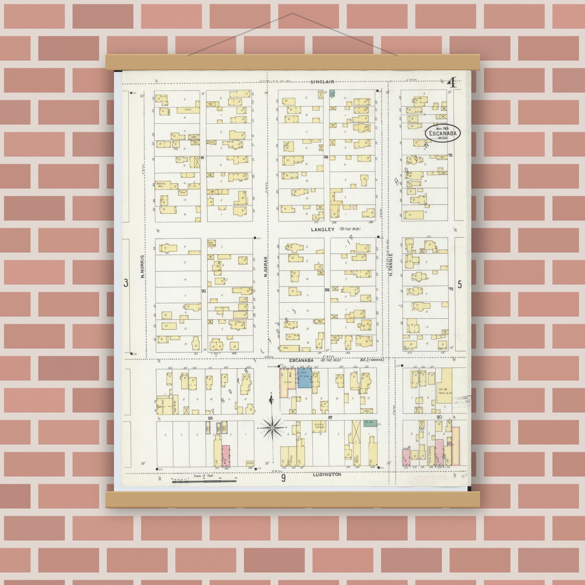 Old map wall art mockup — magnetic wood frame on brick wall — Sanborn Fire Insurance Map from Escanaba, Delta County, Michigan (1906), Sheet #0004