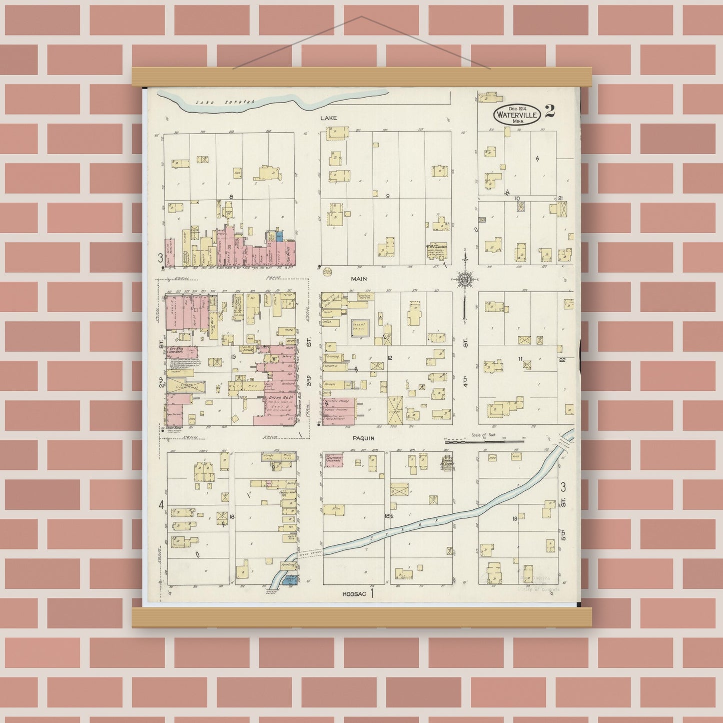Old map wall art mockup — magnetic wood frame on brick wall — Sanborn Fire Insurance Map from Waterville, Le Sueur County, Minnesota (1914), Sheet #0002