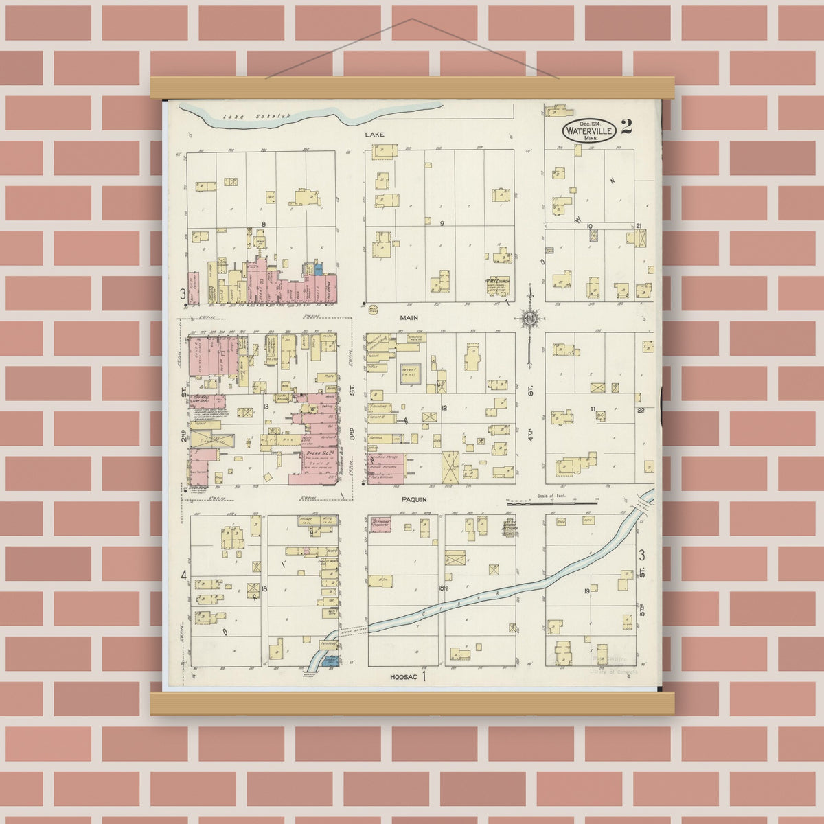 Old map wall art mockup — magnetic wood frame on brick wall — Sanborn Fire Insurance Map from Waterville, Le Sueur County, Minnesota (1914), Sheet #0002