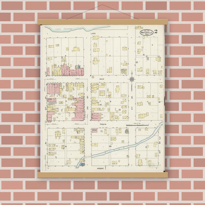 Old map wall art mockup — magnetic wood frame on brick wall — Sanborn Fire Insurance Map from Waterville, Le Sueur County, Minnesota (1914), Sheet #0002