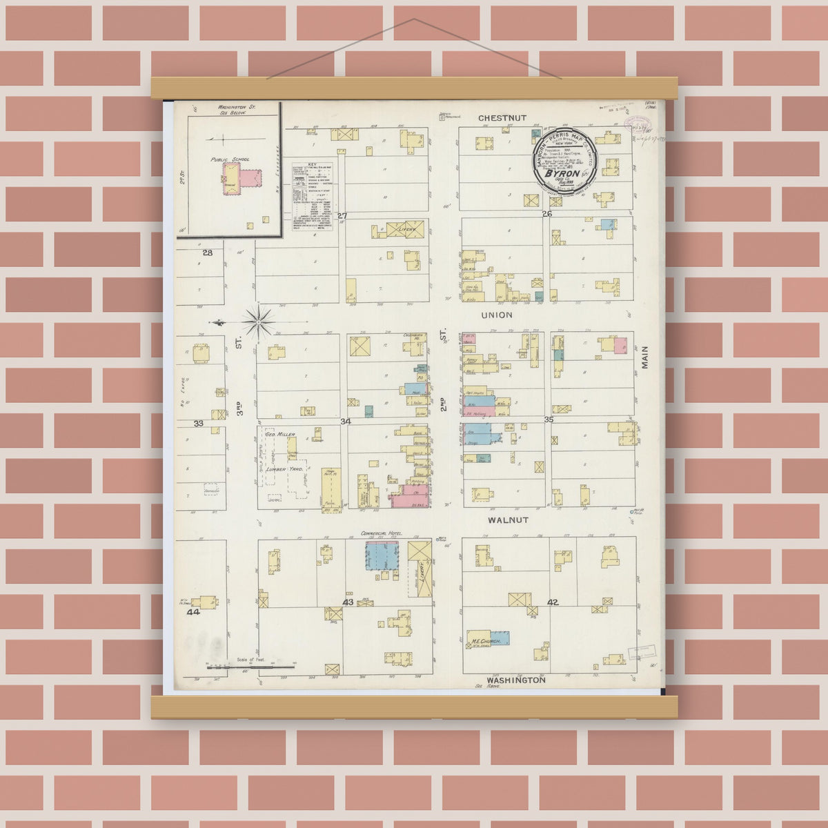 Old map wall art mockup — magnetic wood frame on brick wall — Sanborn Fire Insurance Map from Byron, Ogle County, Illinois (1893), Sheet #0001