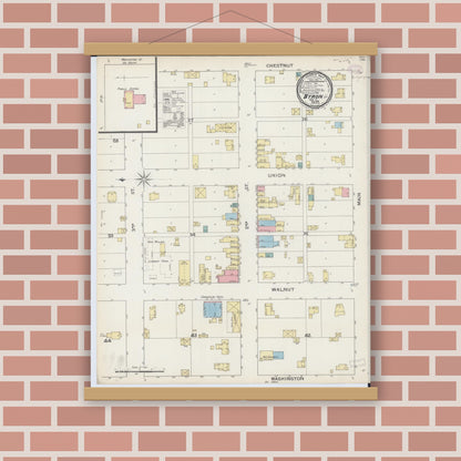 Old map wall art mockup — magnetic wood frame on brick wall — Sanborn Fire Insurance Map from Byron, Ogle County, Illinois (1893), Sheet #0001