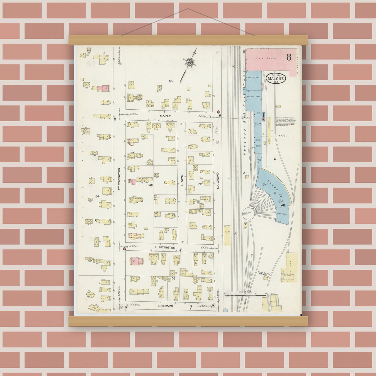 Old map wall art mockup — magnetic wood frame on brick wall — Sanborn Fire Insurance Map from Malone, Franklin County, New York (1914), Sheet #0008