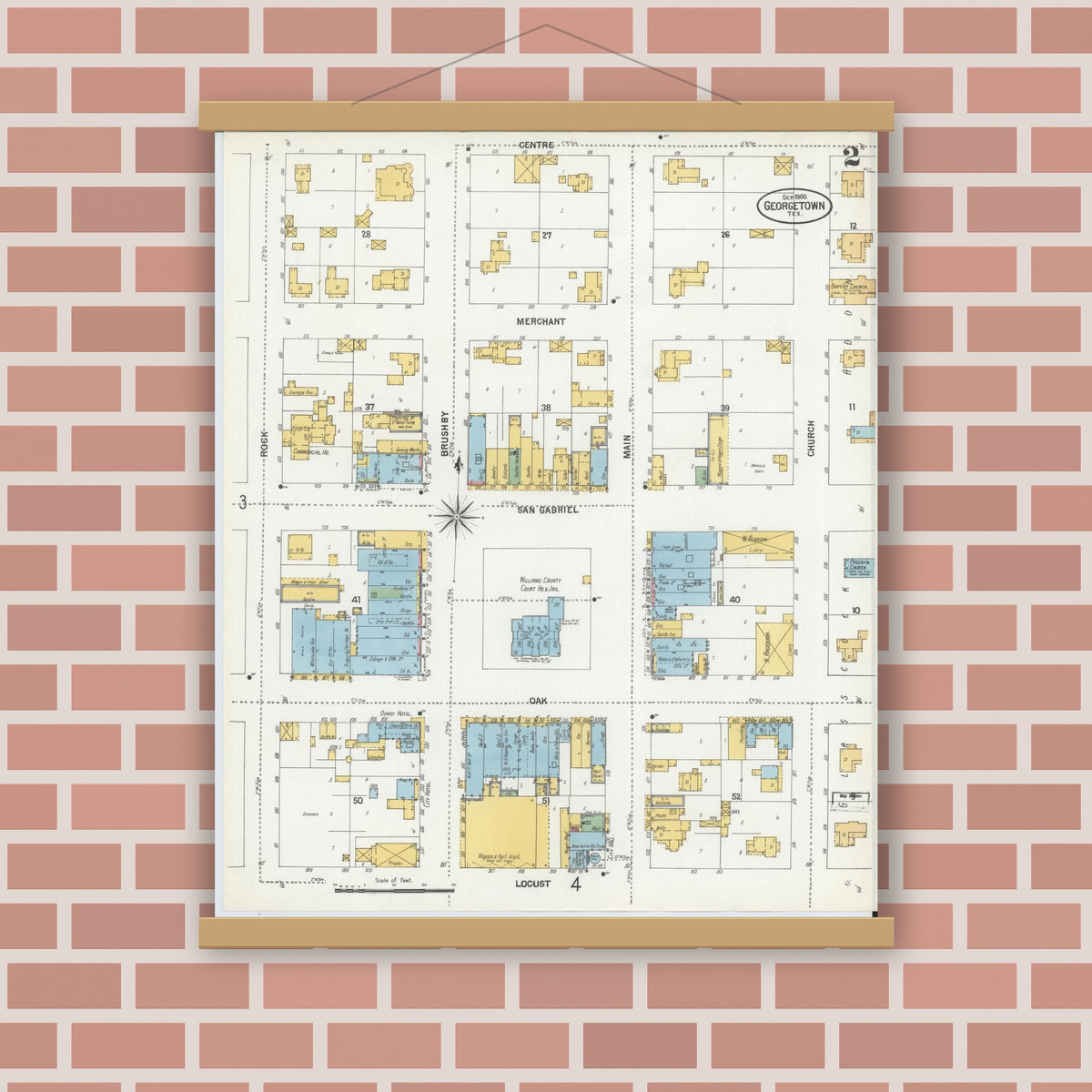 Old map wall art mockup — magnetic wood frame on brick wall — Sanborn Fire Insurance Map from Georgetown, Williamson County, Texas (1900), Sheet #0002