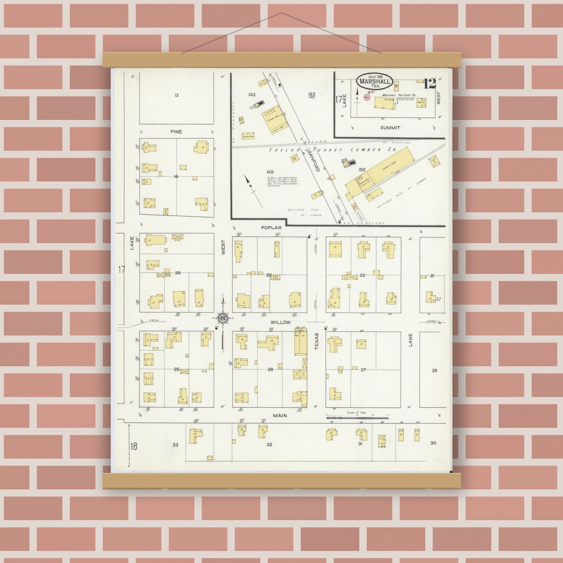 Old map wall art mockup — magnetic wood frame on brick wall — Sanborn Fire Insurance Map from Marshall, Harrison County, Texas (1915), Sheet #0012