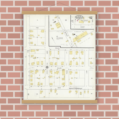 Old map wall art mockup — magnetic wood frame on brick wall — Sanborn Fire Insurance Map from Marshall, Harrison County, Texas (1915), Sheet #0012