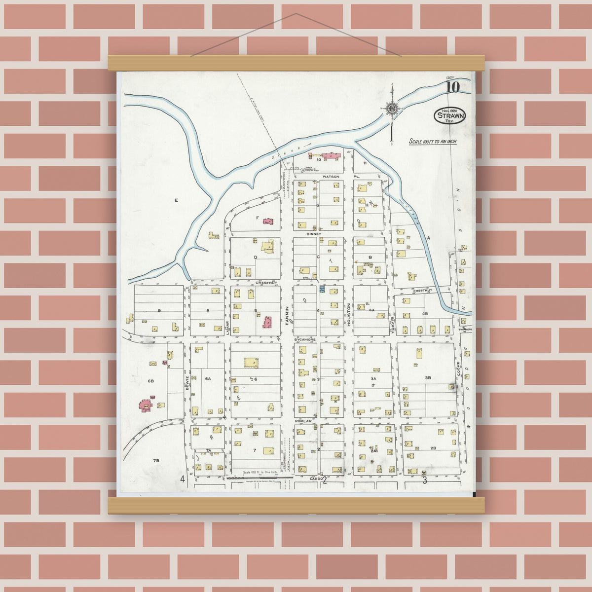 Old map wall art mockup — magnetic wood frame on brick wall — Sanborn Fire Insurance Map from Strawn, Palo Pinto County, Texas (1920), Sheet #0010