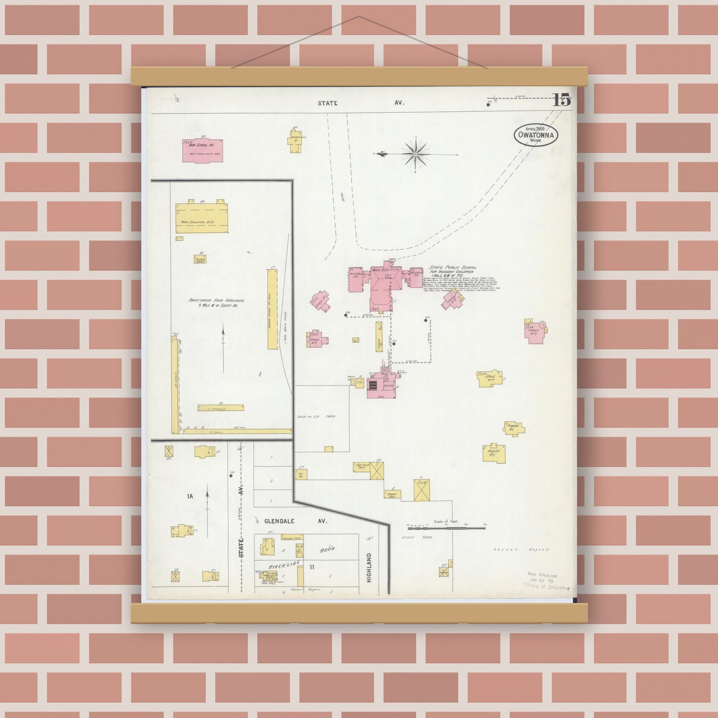 Old map wall art mockup — magnetic wood frame on brick wall — Sanborn Fire Insurance Map from Owatonna, Steele County, Minnesota (1900), Sheet #0015