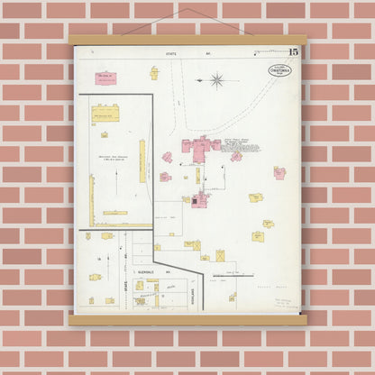 Old map wall art mockup — magnetic wood frame on brick wall — Sanborn Fire Insurance Map from Owatonna, Steele County, Minnesota (1900), Sheet #0015