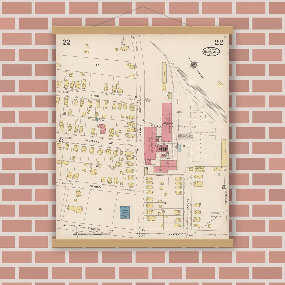 Old map wall art mockup — magnetic wood frame on brick wall — Sanborn Fire Insurance Map from Herkimer, Herkimer County, New York (1923), Sheet #0022