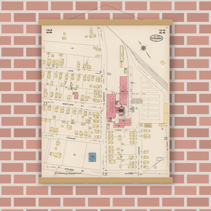 Old map wall art mockup — magnetic wood frame on brick wall — Sanborn Fire Insurance Map from Herkimer, Herkimer County, New York (1923), Sheet #0022