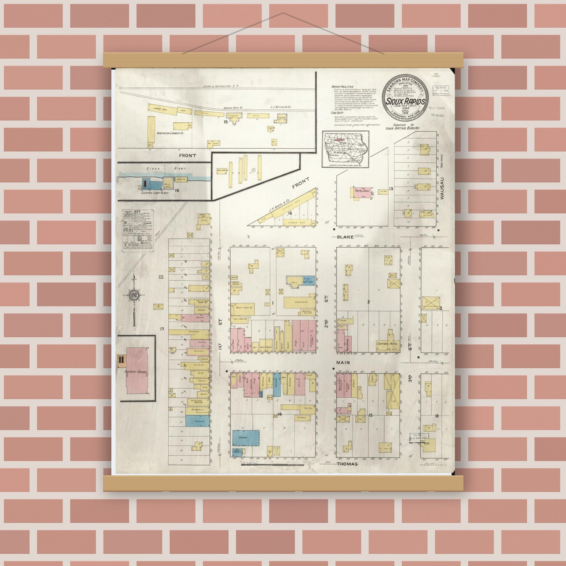 Old map wall art mockup — magnetic wood frame on brick wall — Sanborn Fire Insurance Map from Sioux Rapids, Buena Vista County, Iowa (1916), Sheet #0001
