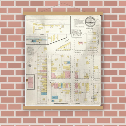 Old map wall art mockup — magnetic wood frame on brick wall — Sanborn Fire Insurance Map from Sioux Rapids, Buena Vista County, Iowa (1916), Sheet #0001