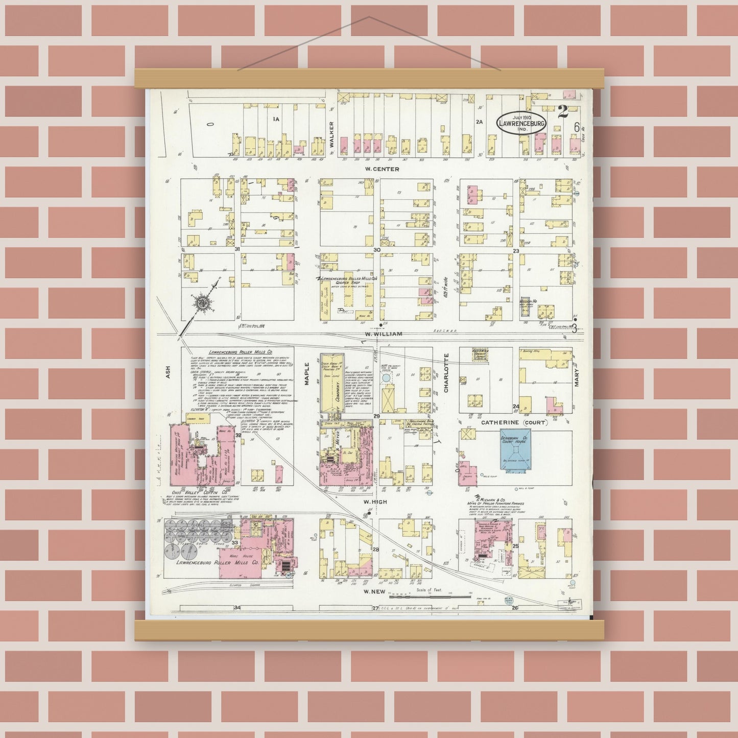 Old map wall art mockup — magnetic wood frame on brick wall — Sanborn Fire Insurance Map from Lawrenceburg, Dearborn County, Indiana (1910), Sheet #0002