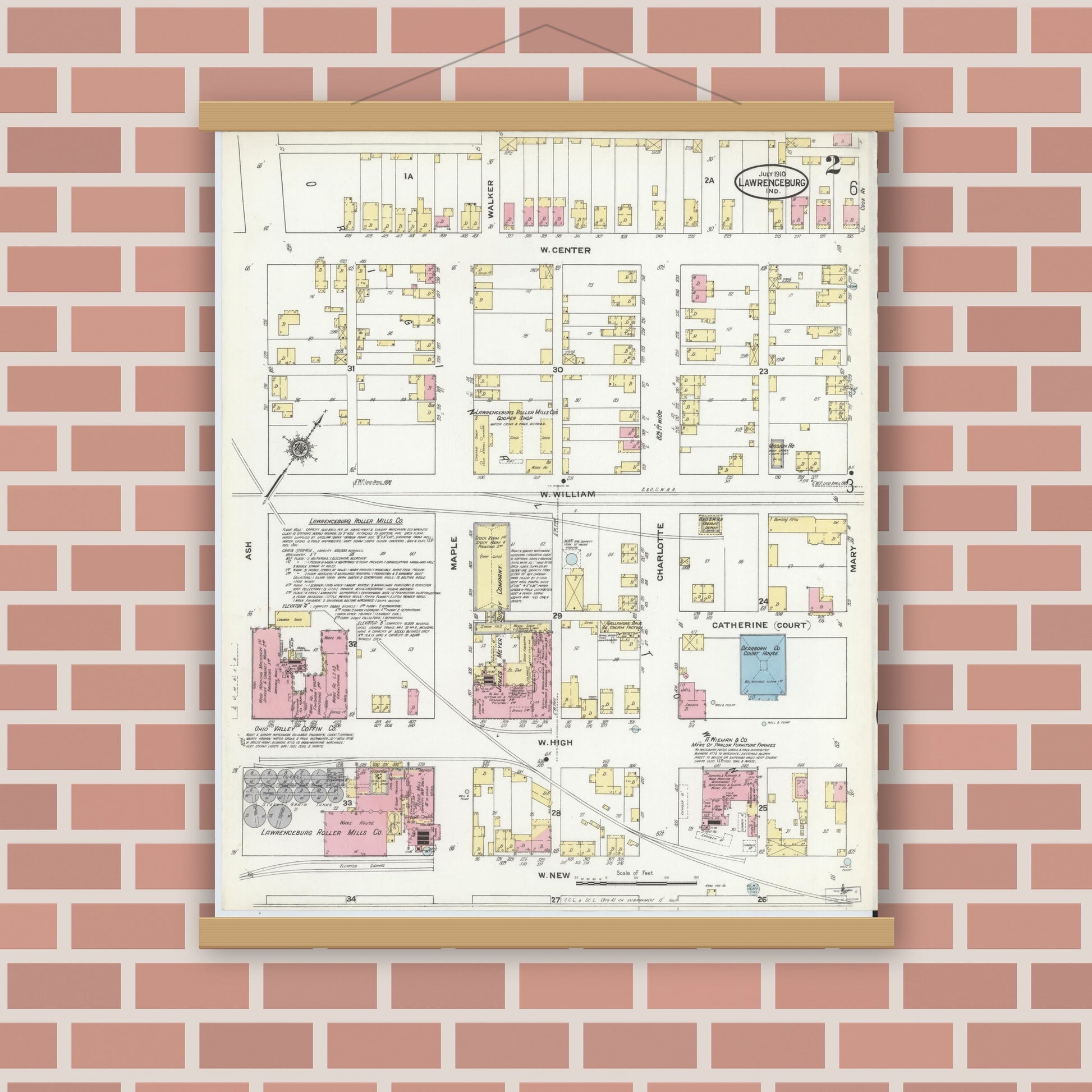 Old map wall art mockup — magnetic wood frame on brick wall — Sanborn Fire Insurance Map from Lawrenceburg, Dearborn County, Indiana (1910), Sheet #0002