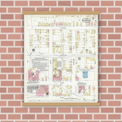 Old map wall art mockup — magnetic wood frame on brick wall — Sanborn Fire Insurance Map from Lawrenceburg, Dearborn County, Indiana (1910), Sheet #0002