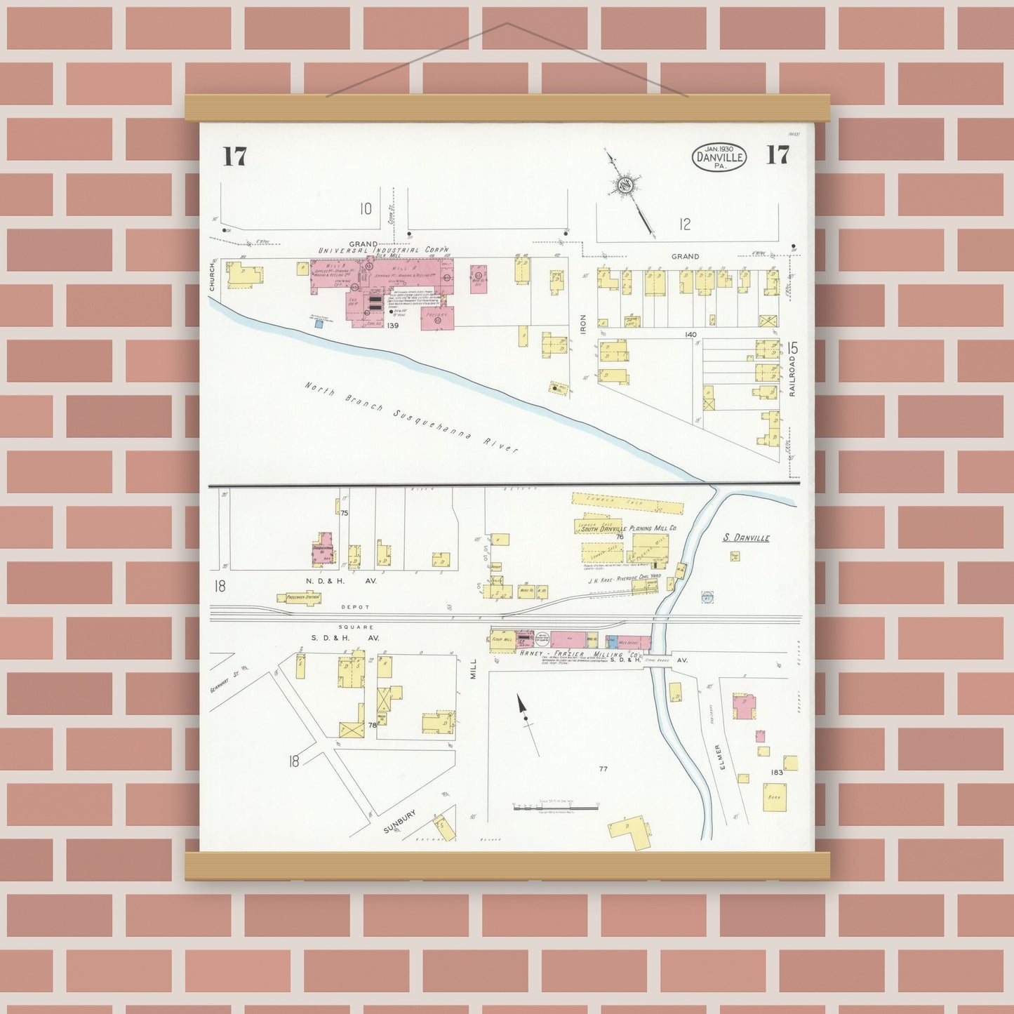 Old map wall art mockup — magnetic wood frame on brick wall — Sanborn Fire Insurance Map from Danville, Montour County, Pennsylvania (1930), Sheet #0017